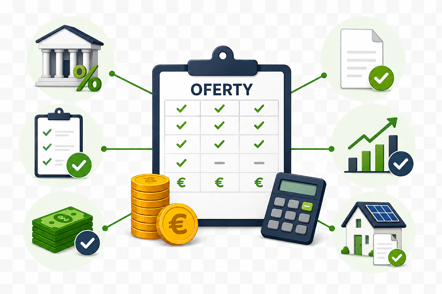Porównanie ofert finansowania instalacji OZE z ikonami analizy kosztów, warunków umowy, korzyści i parametrów ofert.