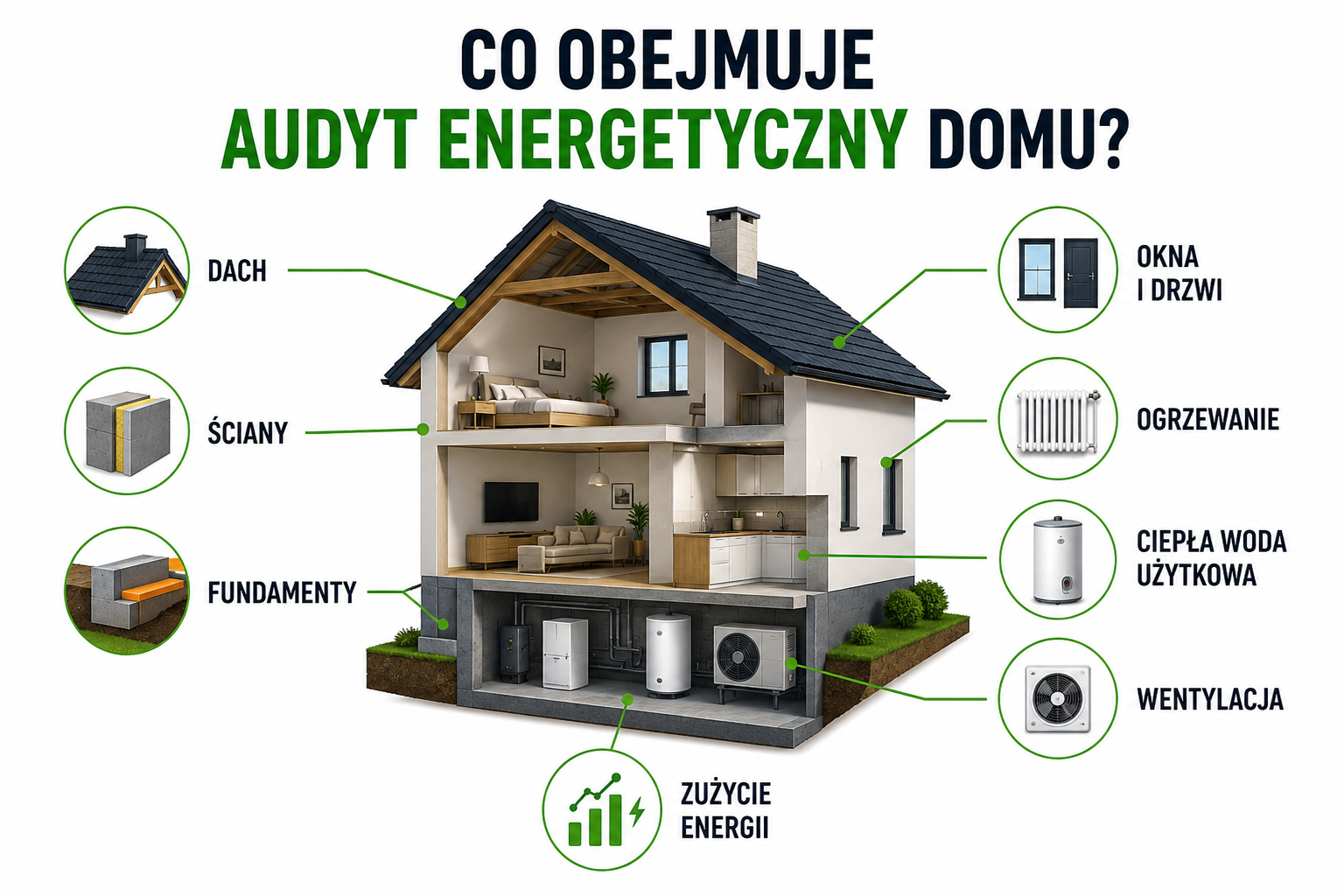 Zakres audytu energetycznego domu: dach, ściany, fundamenty, okna, ogrzewanie, wentylacja, ciepła woda użytkowa i zużycie energii