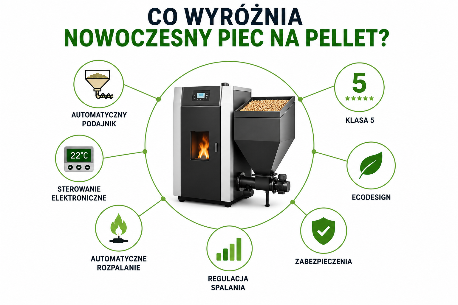 Co wyróżnia nowoczesny piec na pellet: automatyczny podajnik, sterowanie elektroniczne, automatyczne rozpalanie, regulacja spalania, zabezpieczenia, klasa 5 i Ecodesign