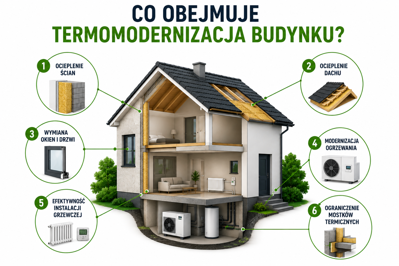 Co obejmuje termomodernizacja budynku – ocieplenie ścian, ocieplenie dachu, wymiana okien i drzwi, modernizacja ogrzewania, poprawa efektywności instalacji grzewczej oraz ograniczenie mostków termicznych.