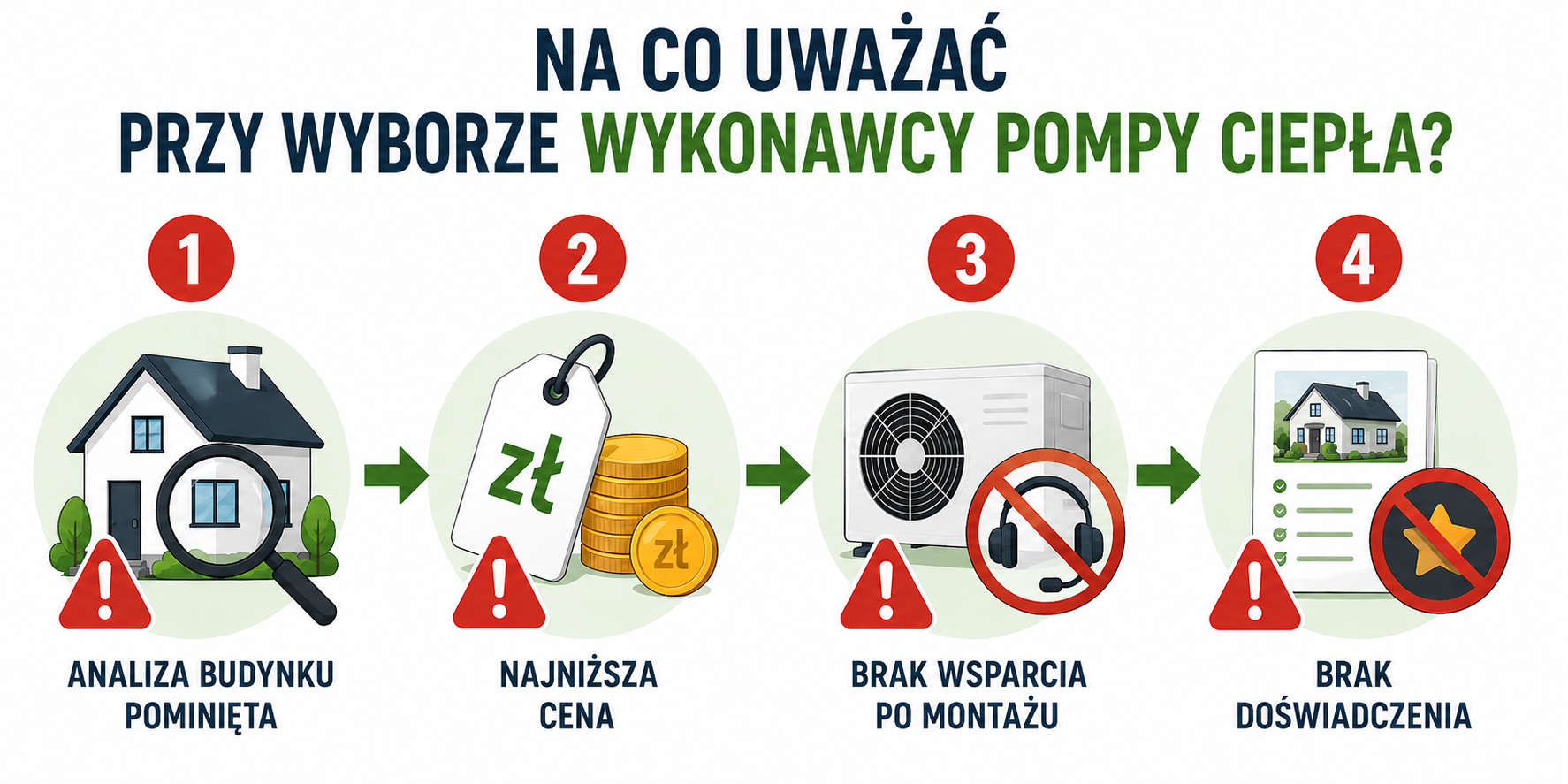 Najważniejsze błędy przy wyborze firmy montującej pompę ciepła: brak analizy budynku, najniższa cena, brak serwisu po montażu oraz brak doświadczenia wykonawcy.